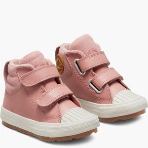 Pink High-Top Sneakers with Velcro Straps and Rubber Sole